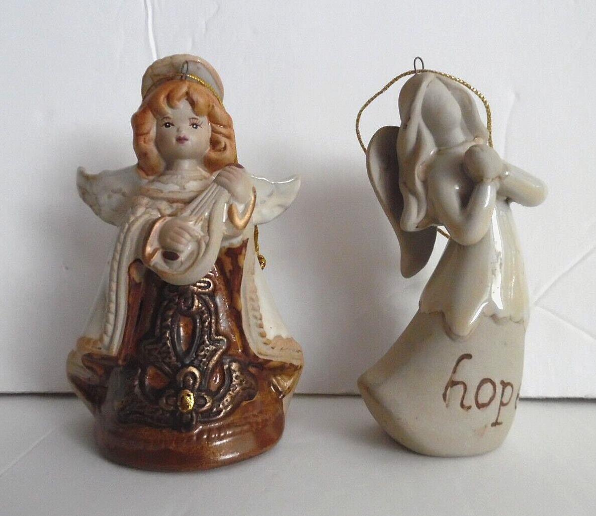 Lot Of 2 Bisque Angels: Halo & Instrument Is A Bell, \