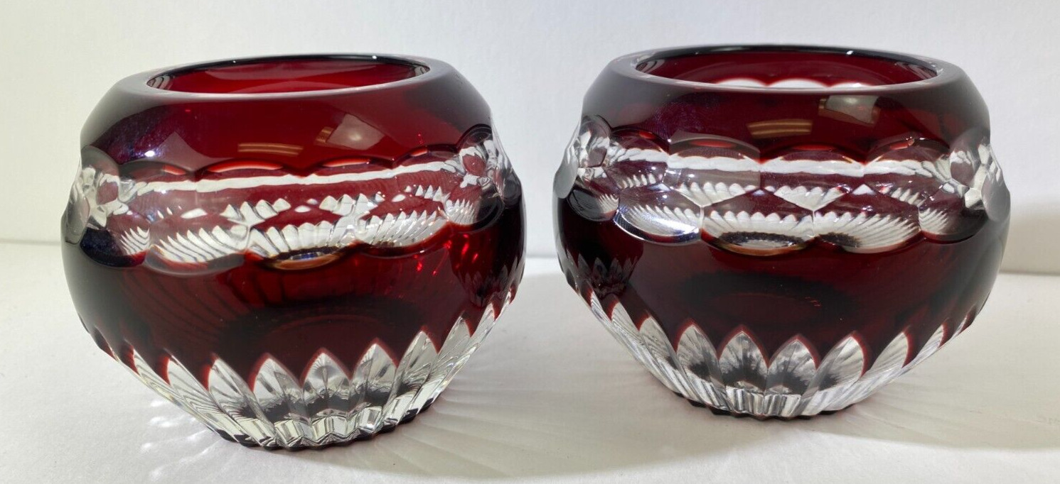 VTG Faberge Pair x2 Ruby Red Votive Cut to Clear Crystal Glass Not Signed DS12