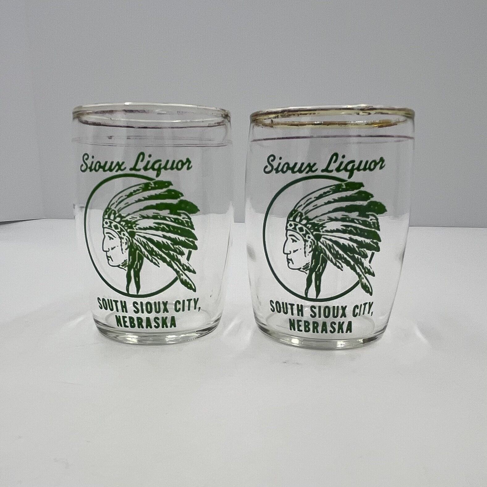 Pair of Vintage Sioux Liquor Barrel Glasses South Sioux City Nebraska Indian