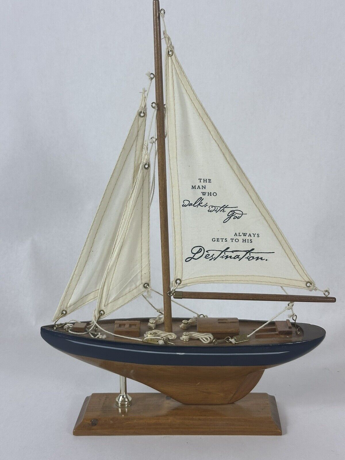 VTG Wooden Model SAILBOAT YACHT Great Details Linen Sails Inspirational Quote
