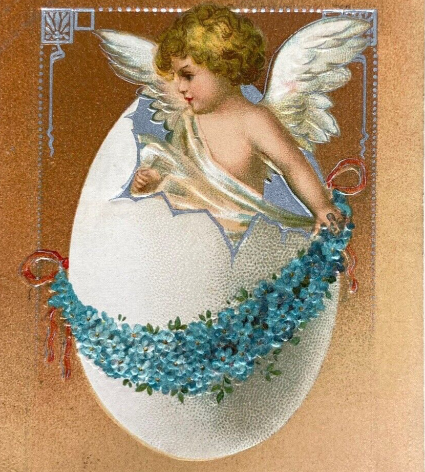 Postcard EASTER Greeting Angel with Wings in Egg with Flowers Embossed c1900