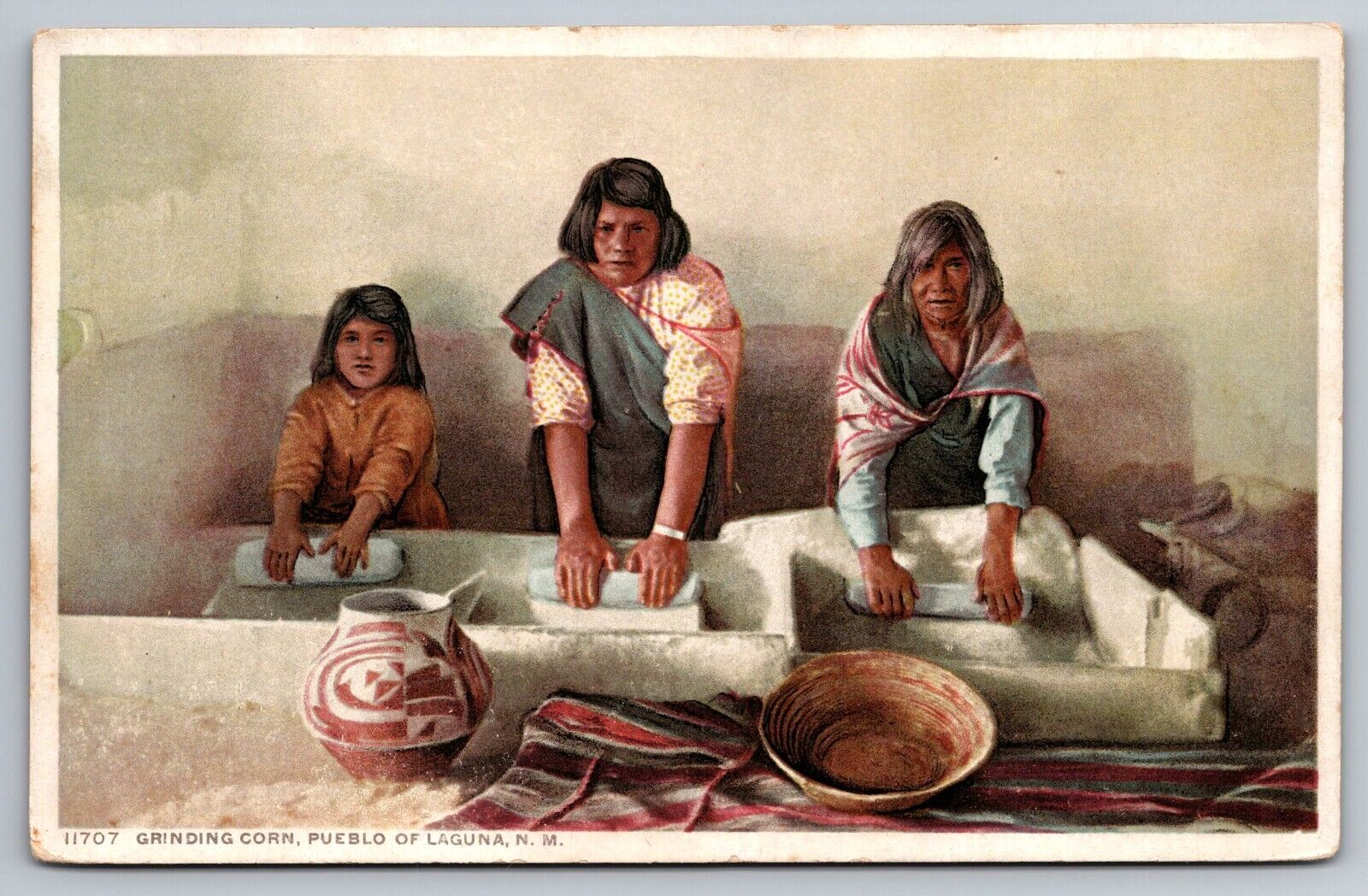 Grinding Corn. Pueblo Of Laguna New Mexico. Vintage Postcard