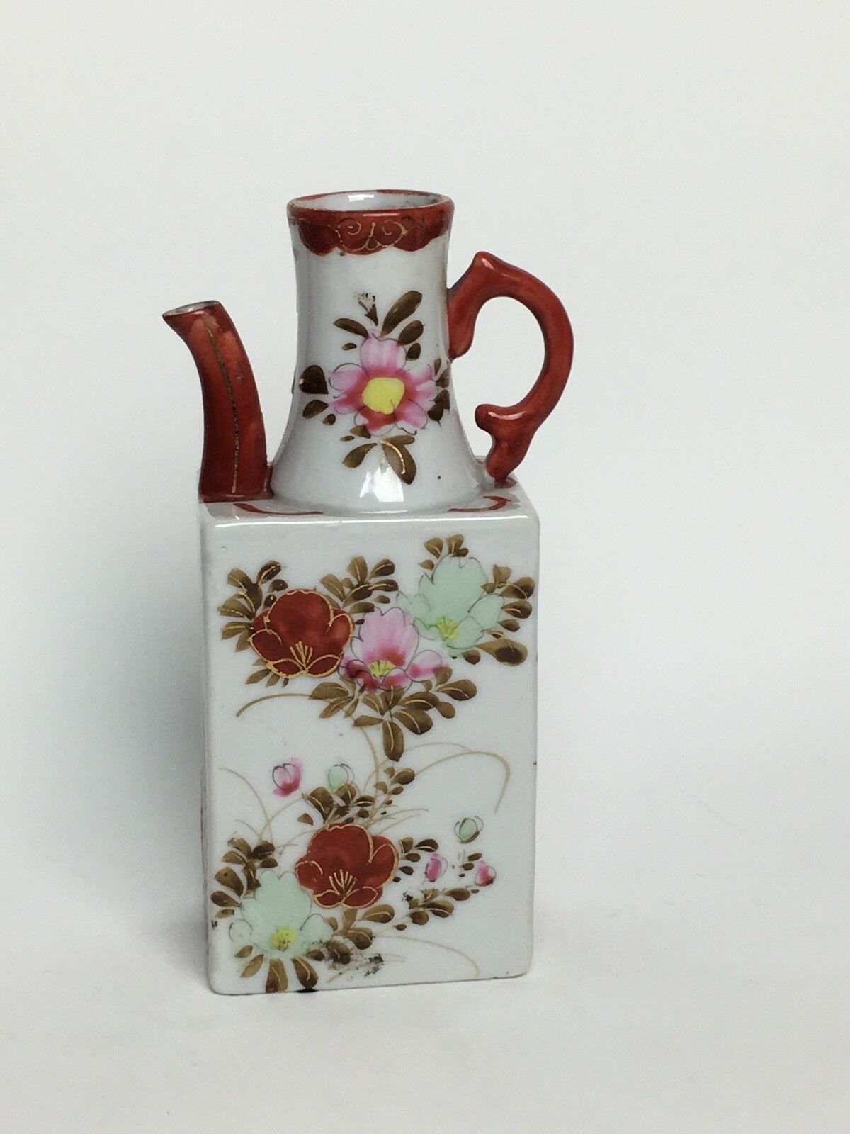 Unique Small Rectangular Porcelain Teapot/Vase Sake Japan Orange Gold Accent