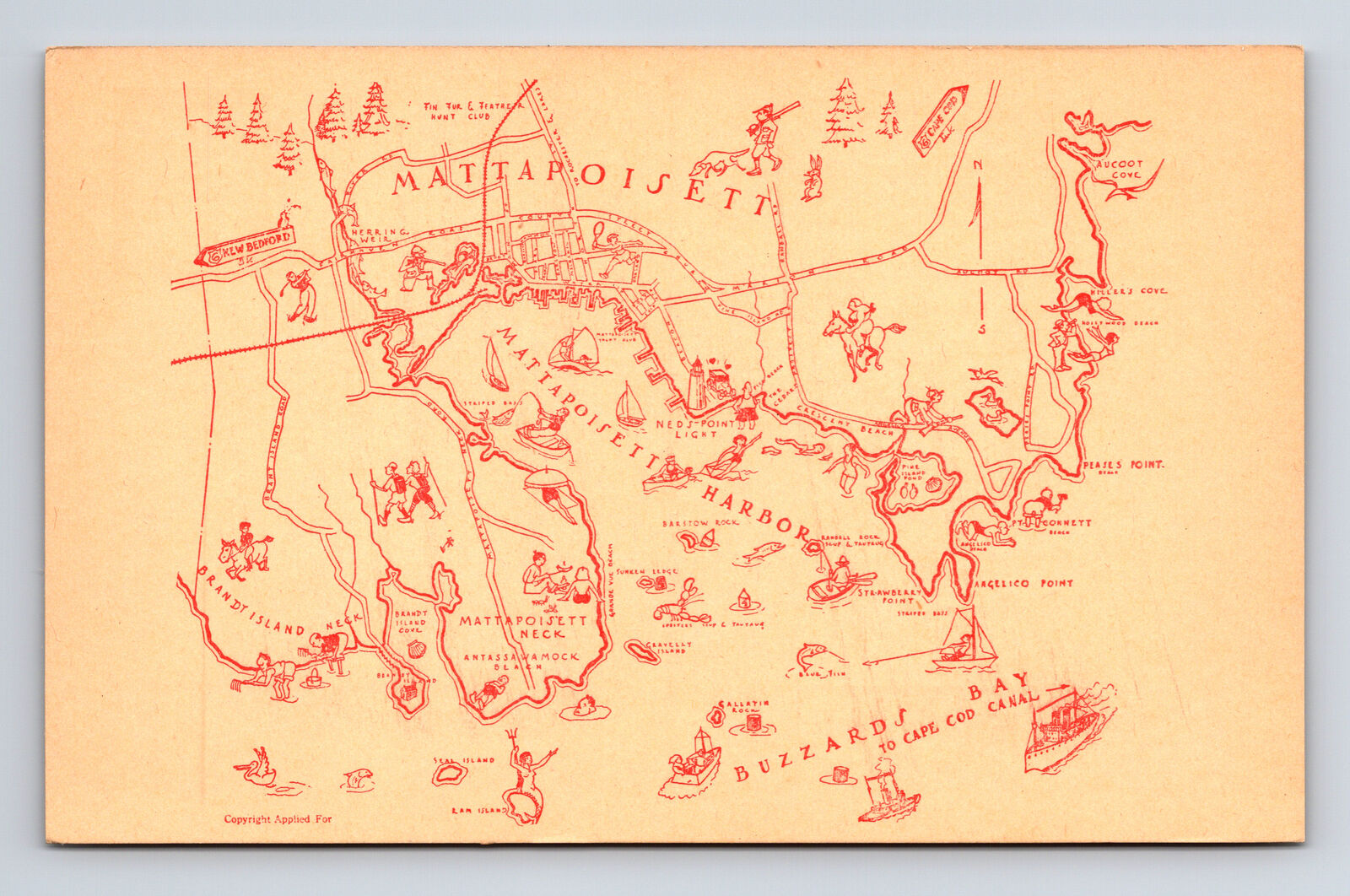 Pictorial Map of Mattapoisett Harbor Buzzards Bay Mass MA Postcard