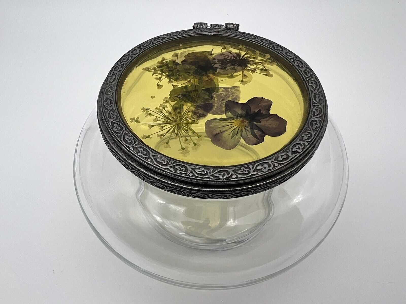 Vintage Glass Trinket Jar with Pressed Flowers In Glass Lid