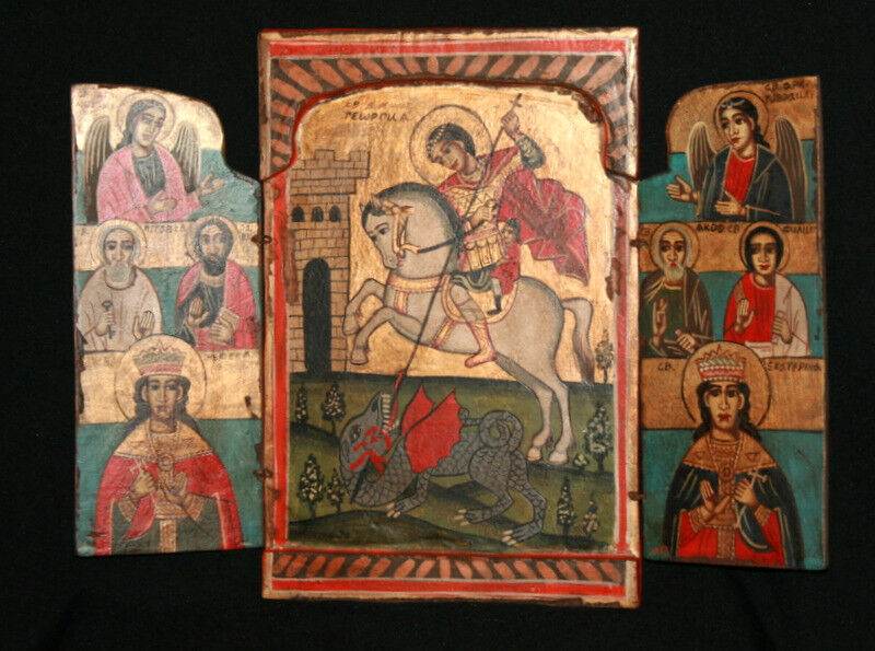 Vintage hand painted tempera on wood triptych icon Saint George and dragon