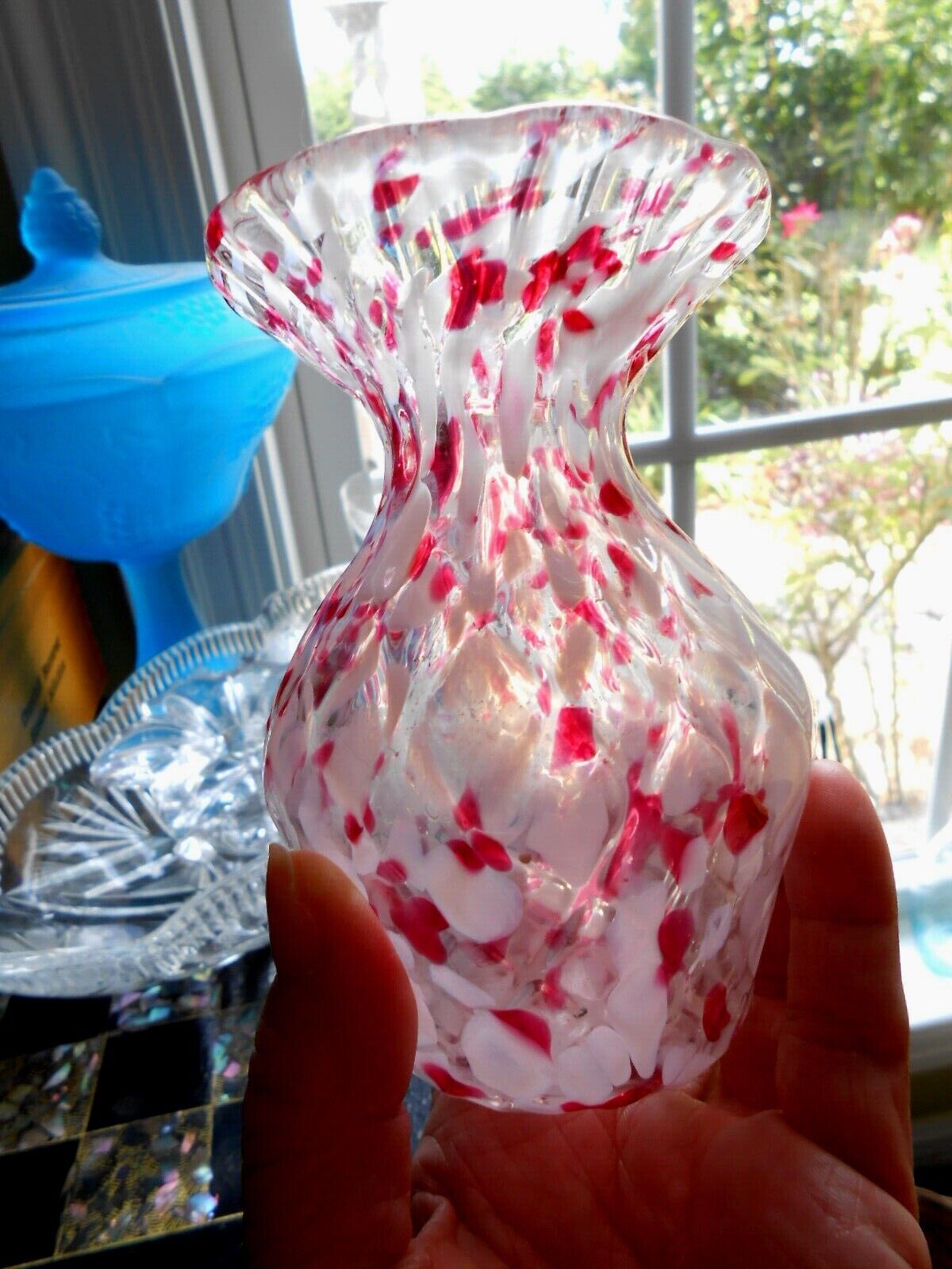 Clichy Glass Vase Cranberry Pink Fish Scale Confetti Swirl Mottled c. 1930s