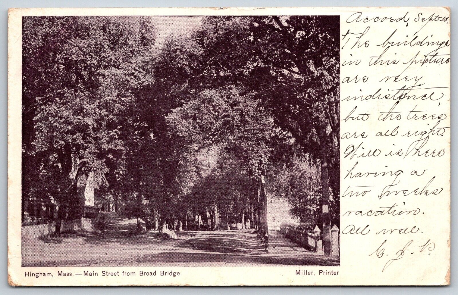 Postcard Main Street From Broad Bridge, Hingham Massachusetts Posted 1905