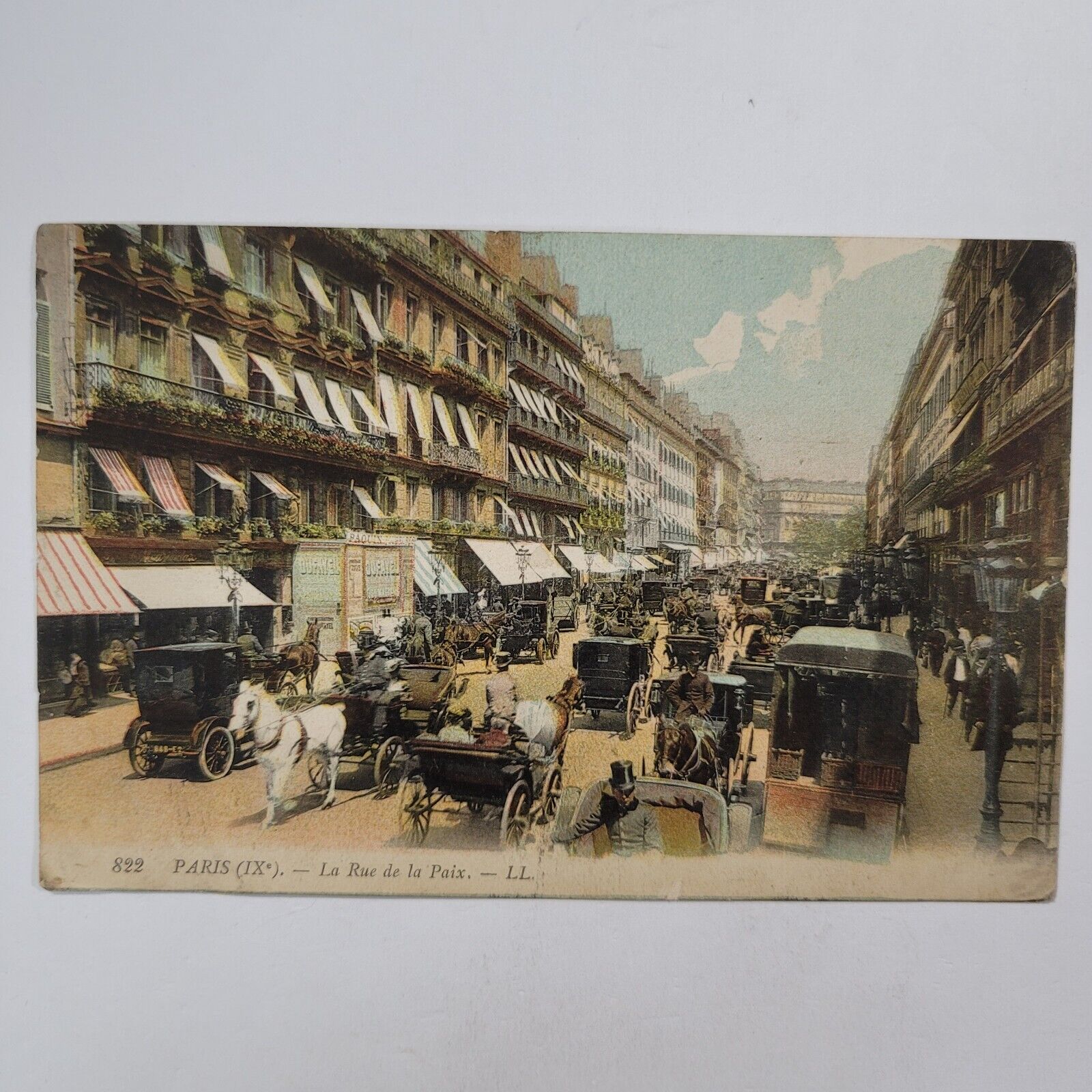 Paris France La Rue De La Paix Antique Postcard Cars Horse Buggies Street Scene