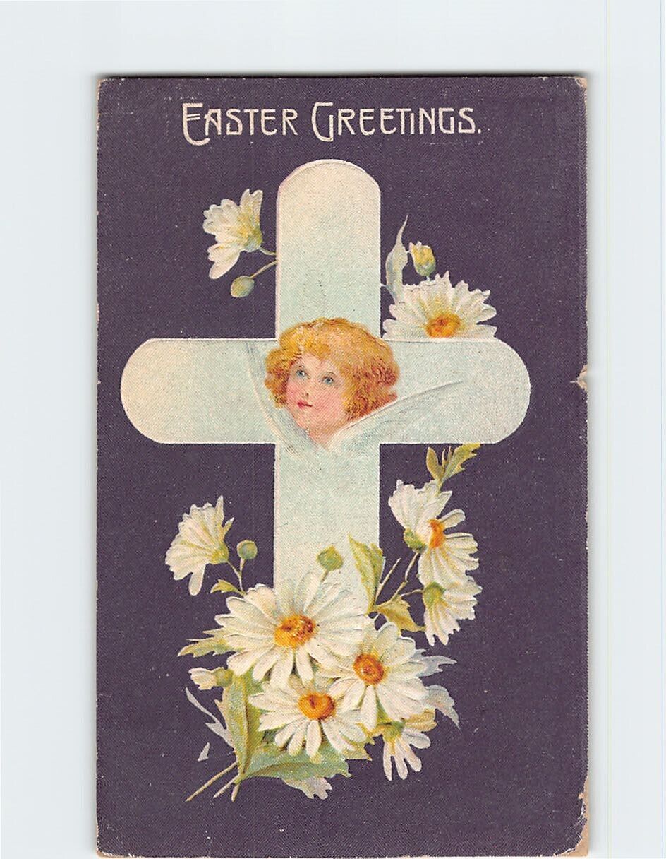 Postcard Easter Greetings Cross & Flower Art Print Embossed Card