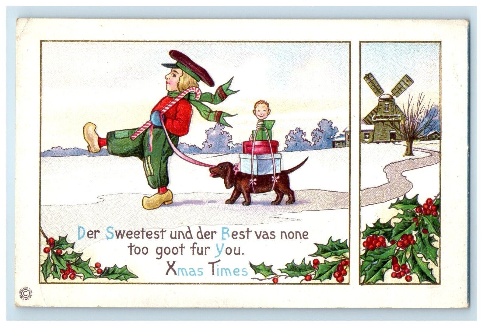 c1910\'s Christmas Dutch Boy Pulling Dachshund Dog Windmill Holly Winter Postcard