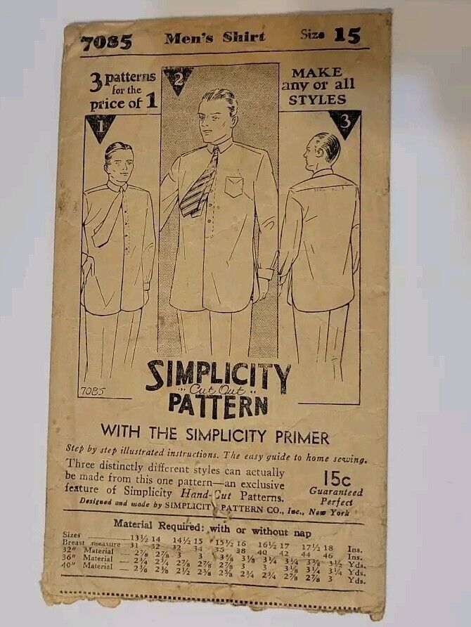 Simplicity Primer 7085 Sewing Pattern 30's Men's Shirt Size 15 Uncut 3 Styles