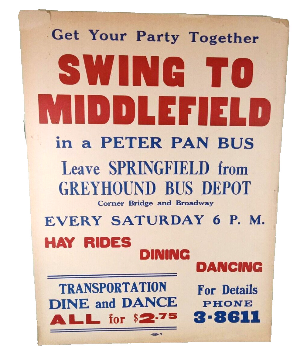 RARE Vintage Cardboard Poster GREYHOUND PETER PAN PARTY BUS Swing to Middlefield