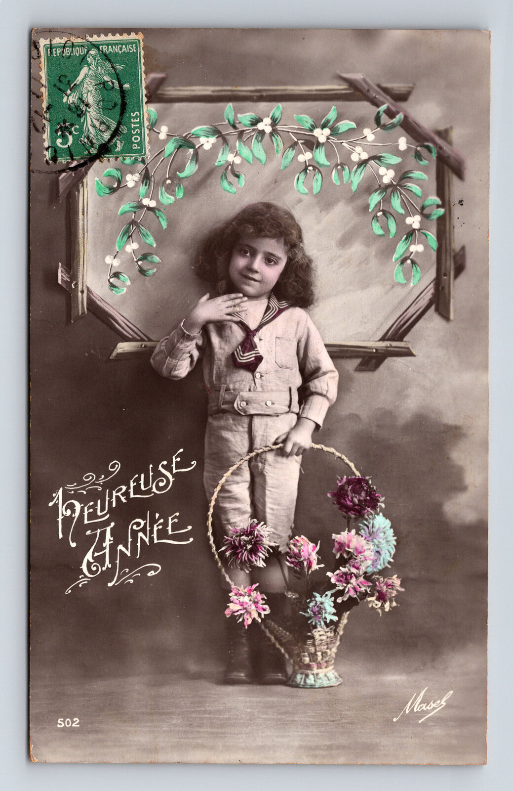 c1911 RPPC Hand Colored Portrait of Flower Girl Real Photo Postcard