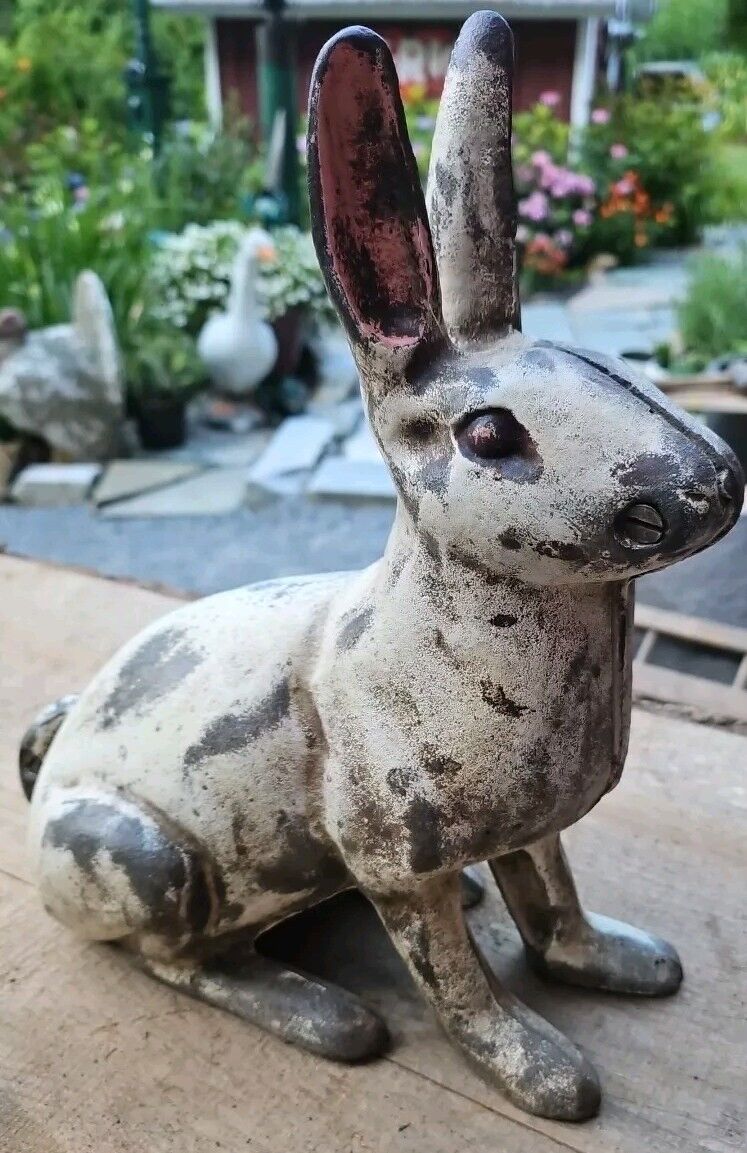 Antique Cast Iron Bunny Doorstop Decorative Art Statue Pink Eyes Ears Patina