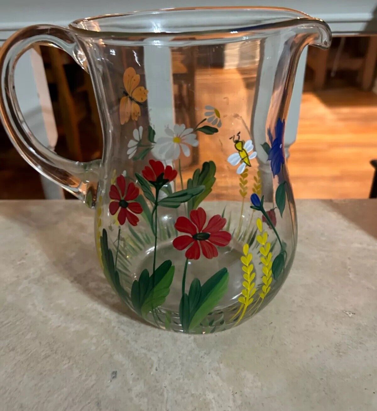 Vintage Hand Painted Glass Pitcher with  Flowers, Butterflies, and a Ladybug  7”