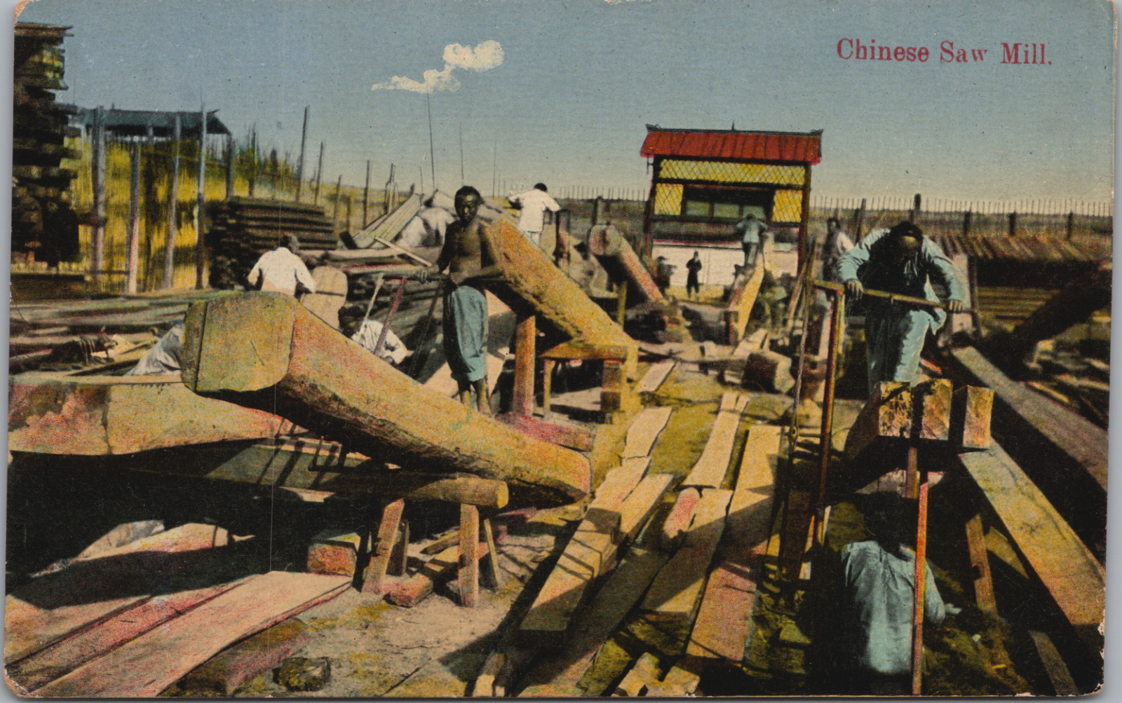 c1910 Shanghai China Chinese Sawmill Workers Frame Pit Saws Wood Sawyers