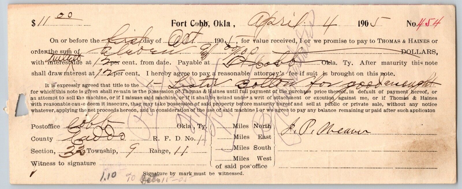 Fort Cobb Territorial Oklahoma $11 Promissory Note