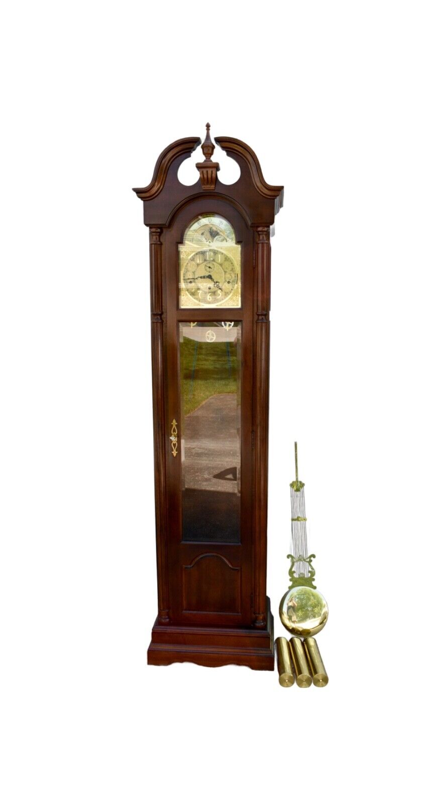 Vintage Ridgeway Mahogany Grandfathers Clock w/Key, Weights, & Pendulum