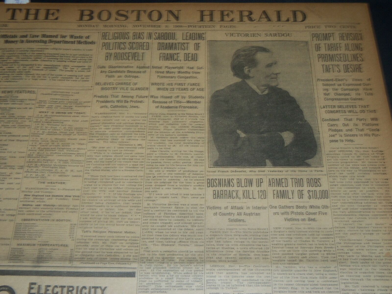 1908 NOVEMBER 9 THE BOSTON HERALD - SARDOU DRAMATIST OF FRANCE DEAD - BH 246