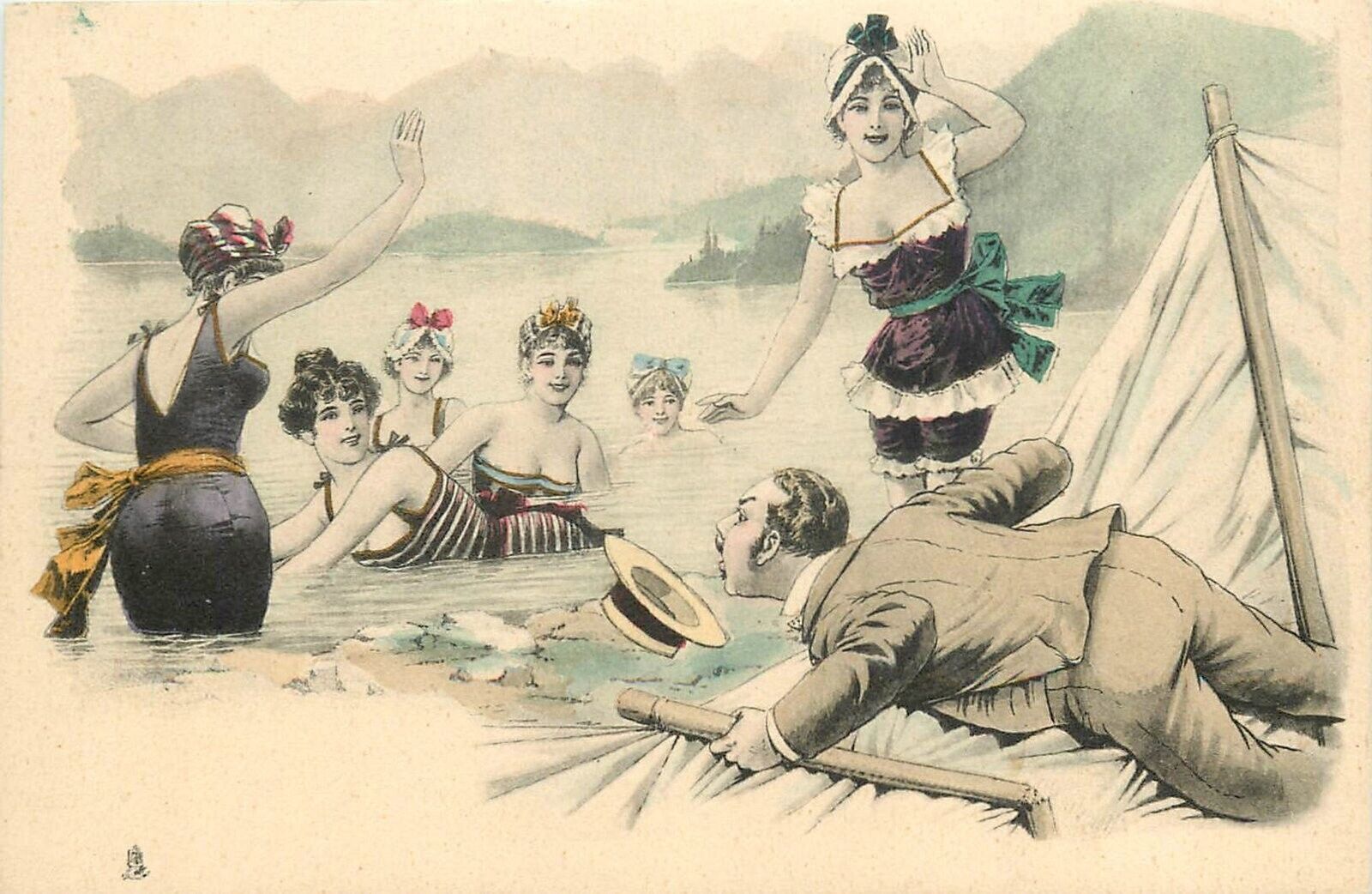 Postcard C-1905 Bathing Beauty Sexy Women hand colored humor undivided 24-5351