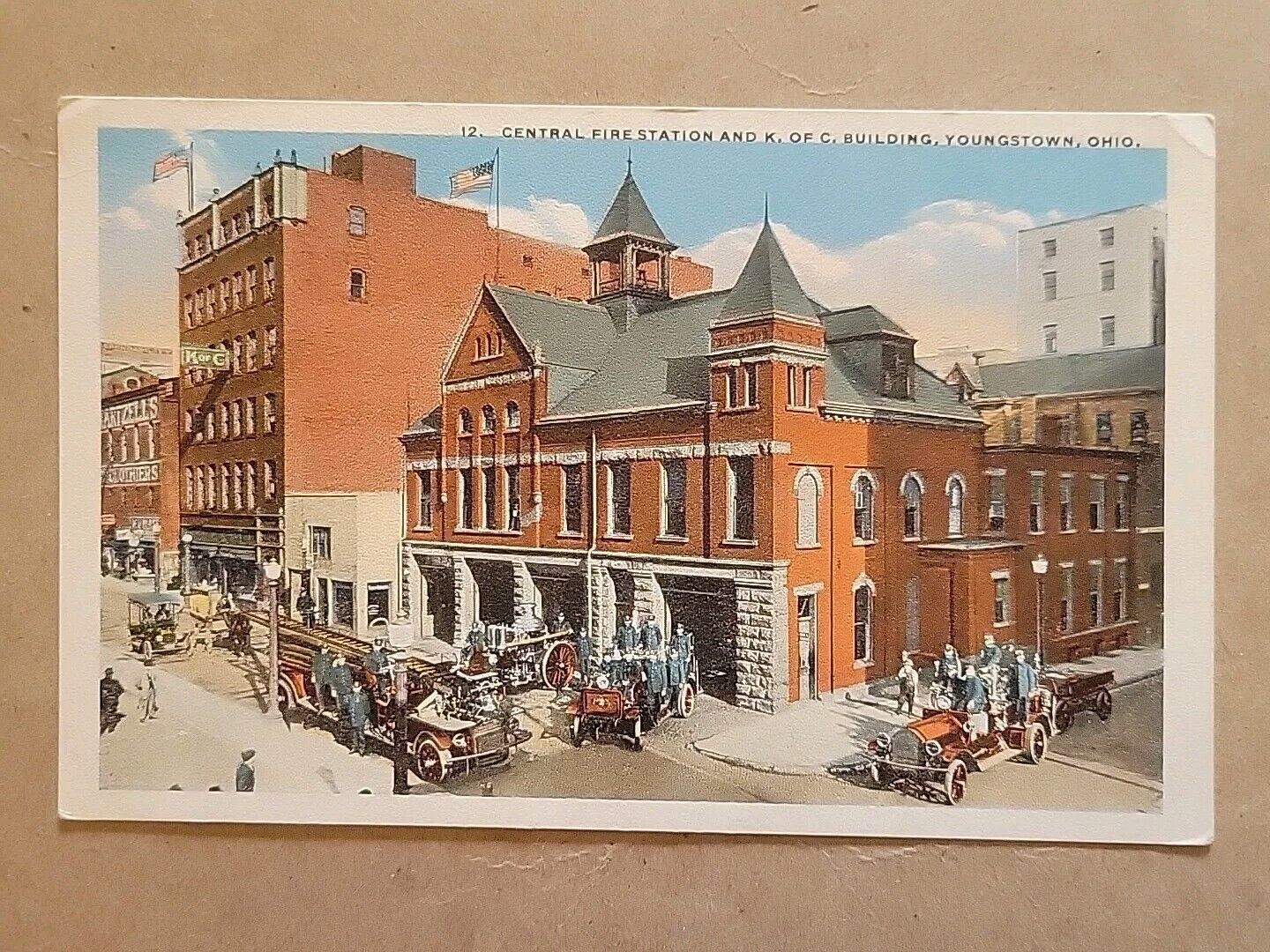 12 Central Fire Station and K of C Building Youngstown Fire Truck Ohio Postcard 