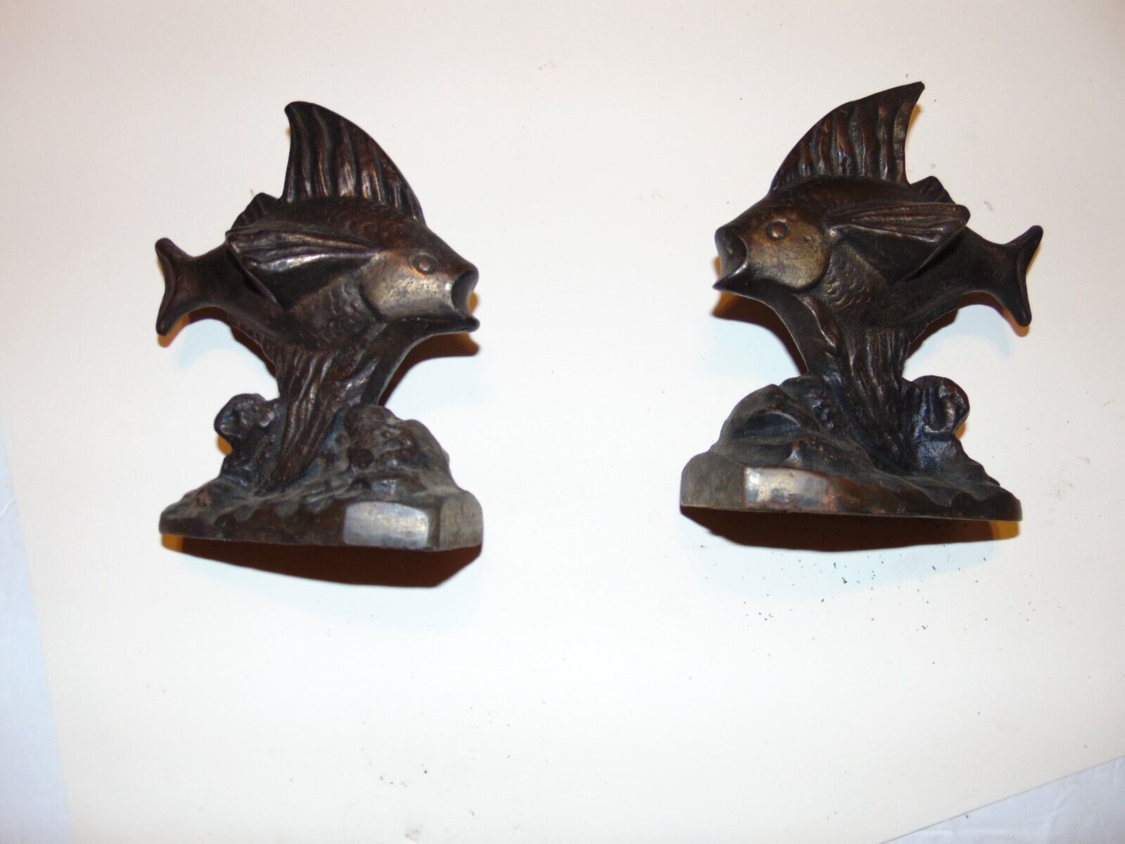 2-Cast Iron Flying Fish Bookend Doorstop Pair Brass Bronze Finish Art Deco