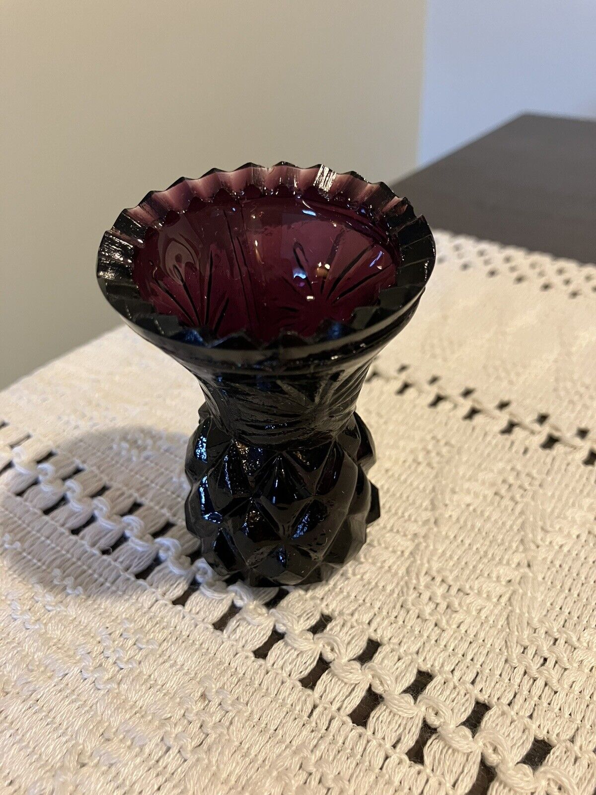 VTG Amethyst Glass Pineapple Toothpick Holder With Sawtooth Edge 3”