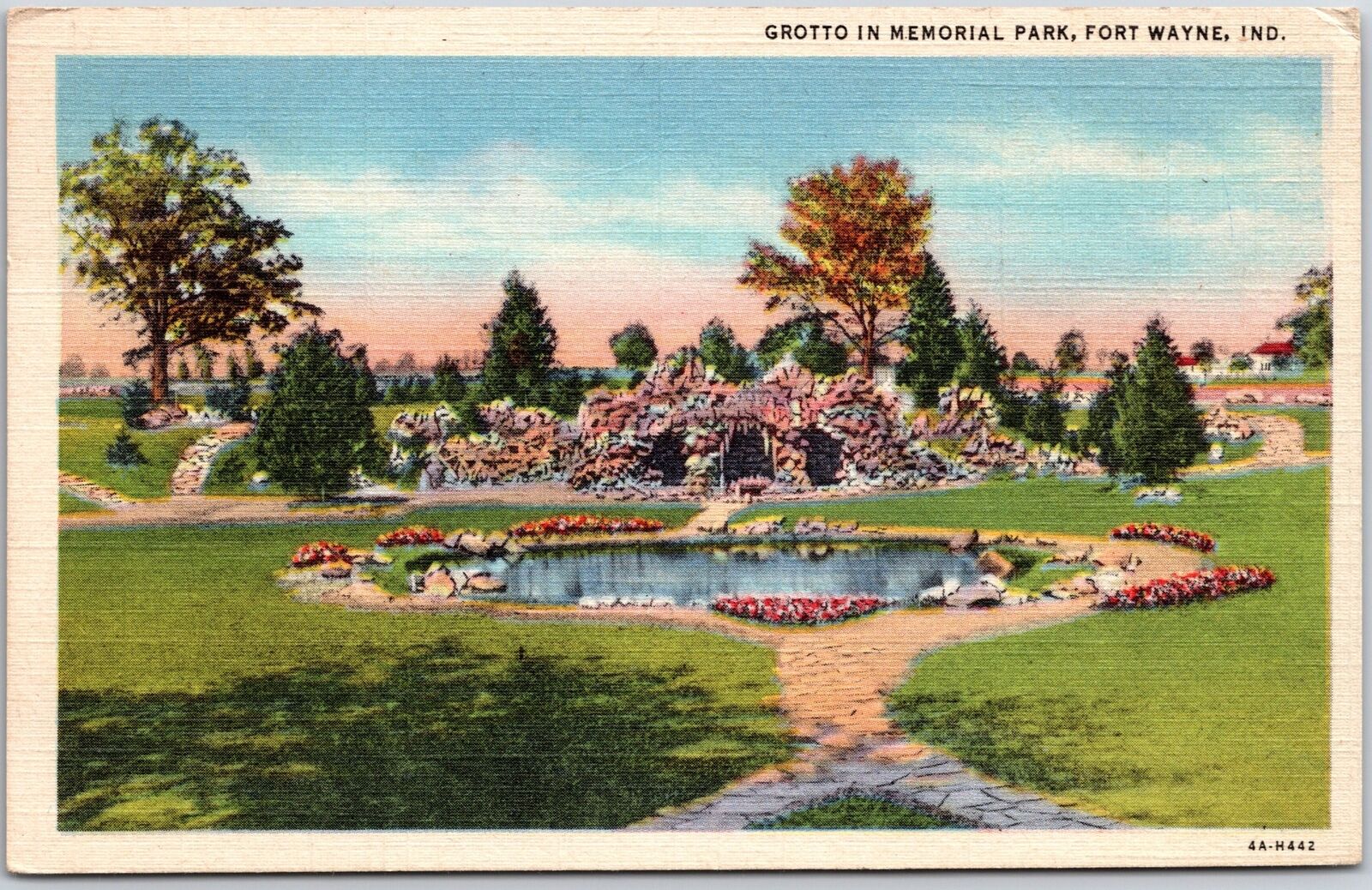 Fort Wayne Indiana IND, 1948 Grotto in Memorial Park, Flowers Garden, Postcard