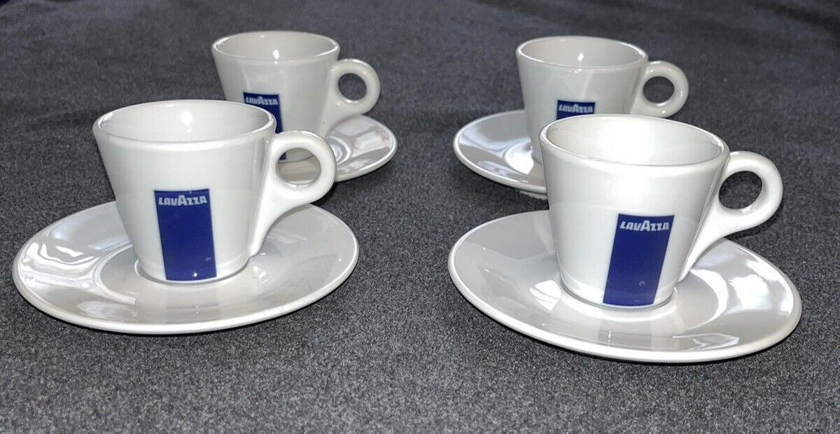 4 Sets - LavAzza Porcelain Blue & White Cappuccino Coffee  - 4 Cups 4 Saucers