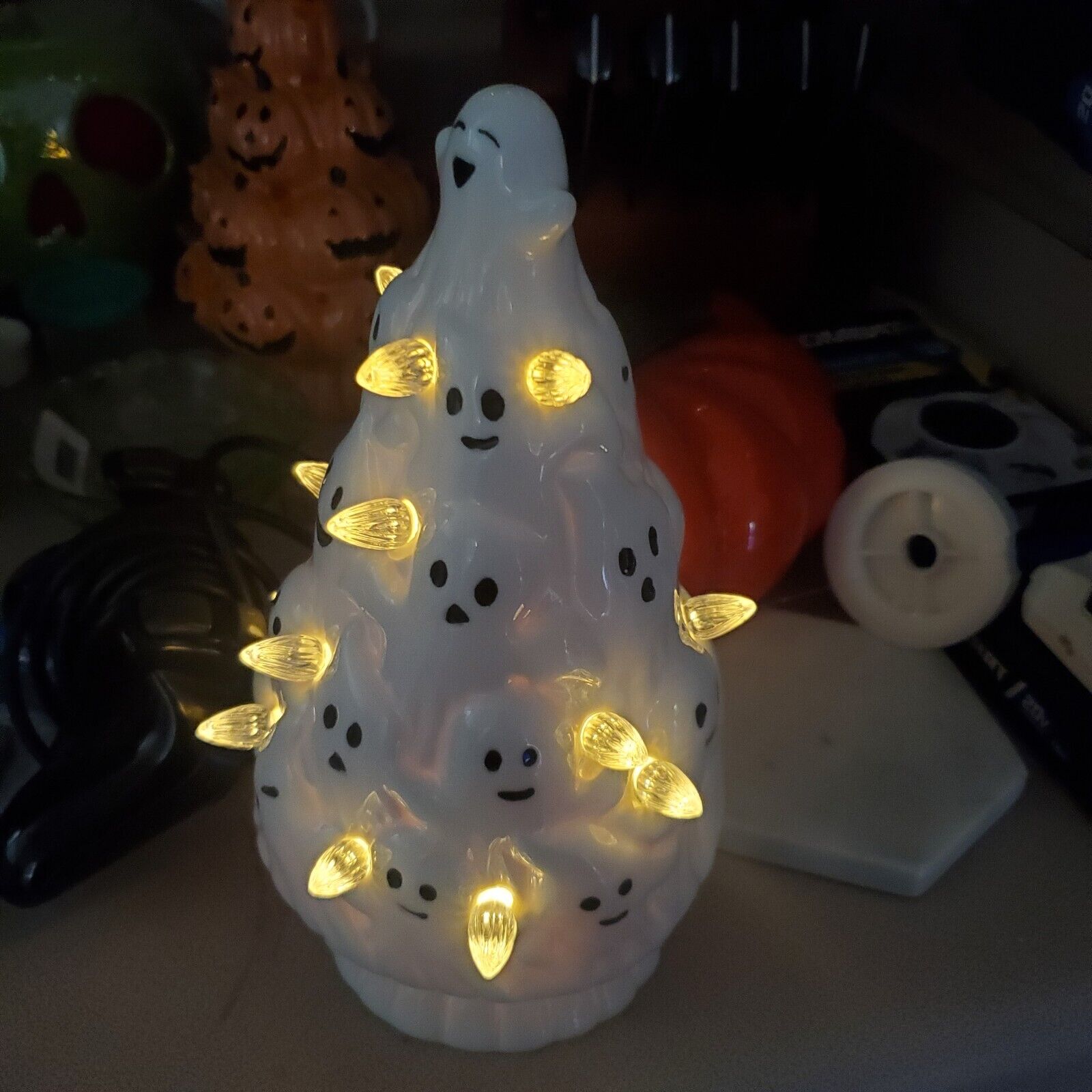 Ghost Light Up Led Ceramic Tree Halloween 11.6 Inches High