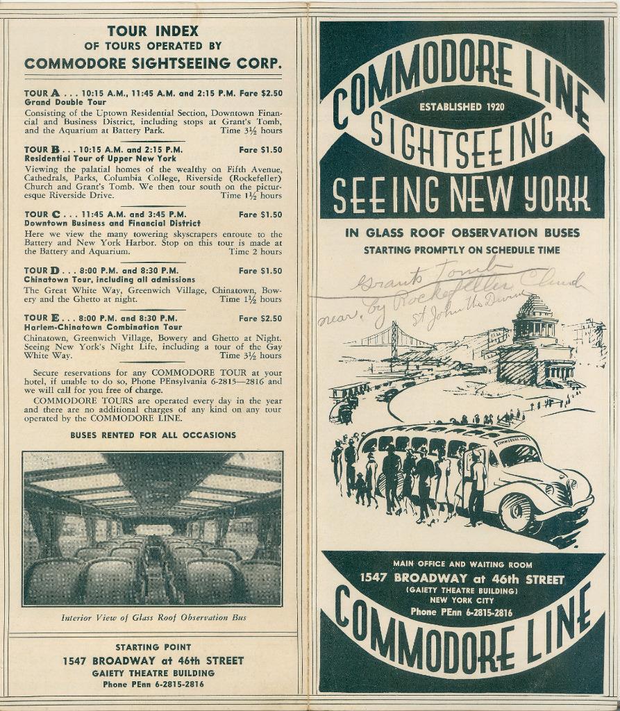 C1930's COMMODORE BUS LINES TRAVEL BROCHURE OF NYC 