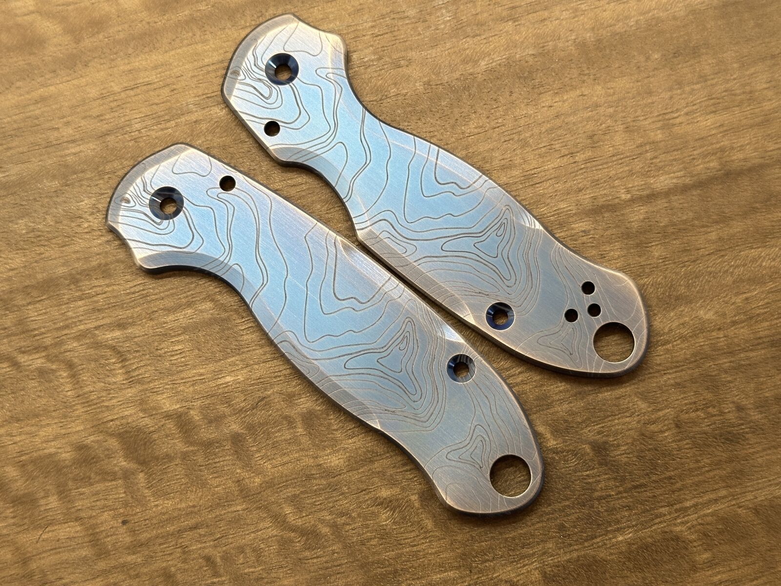 Blue Ano Brushed TOPO engraved Titanium scales for Spyderco Para 3
