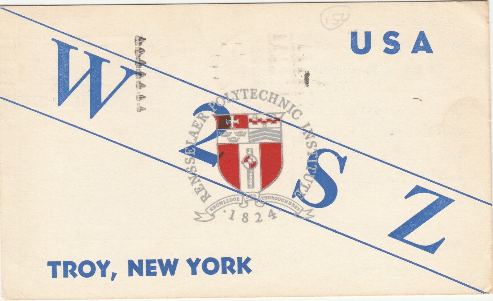 Amateur Radio QSL Card Troy NY W2SZ 1957 Rensselaer Polytechnic Institute