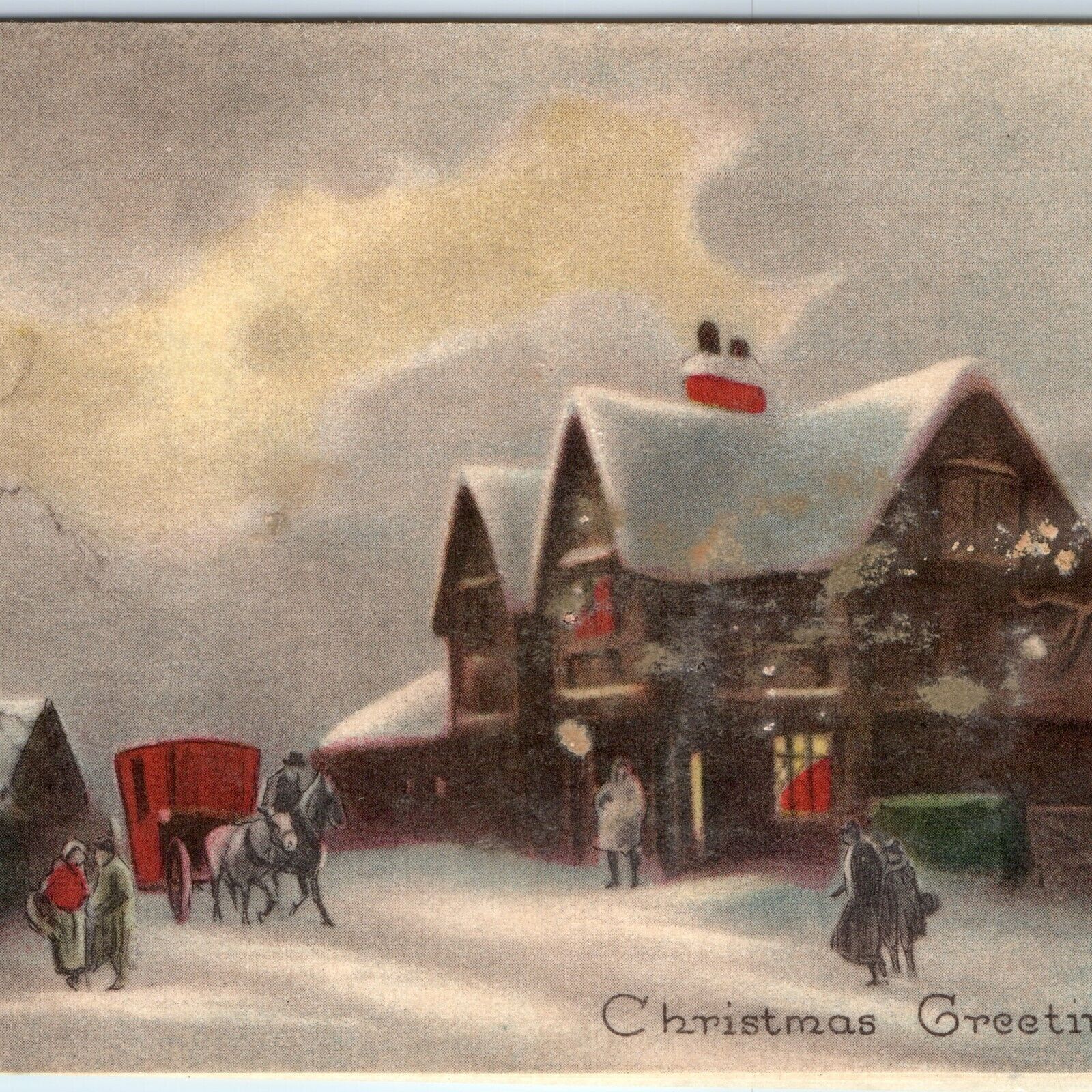 c1910s Colorful House Horse Carriage Winter Christmas Greetings Card Folding 5A