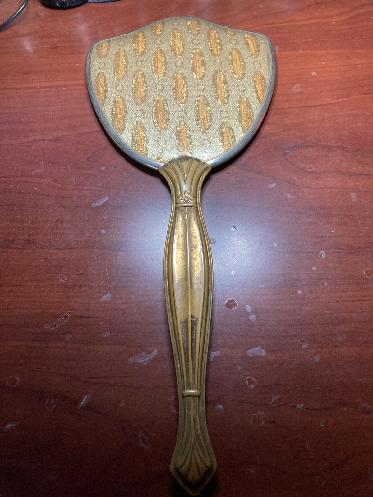 Vtg. Hand Held Mirror Gold Tone Handle Butterscotch Plastic Backing 1950's