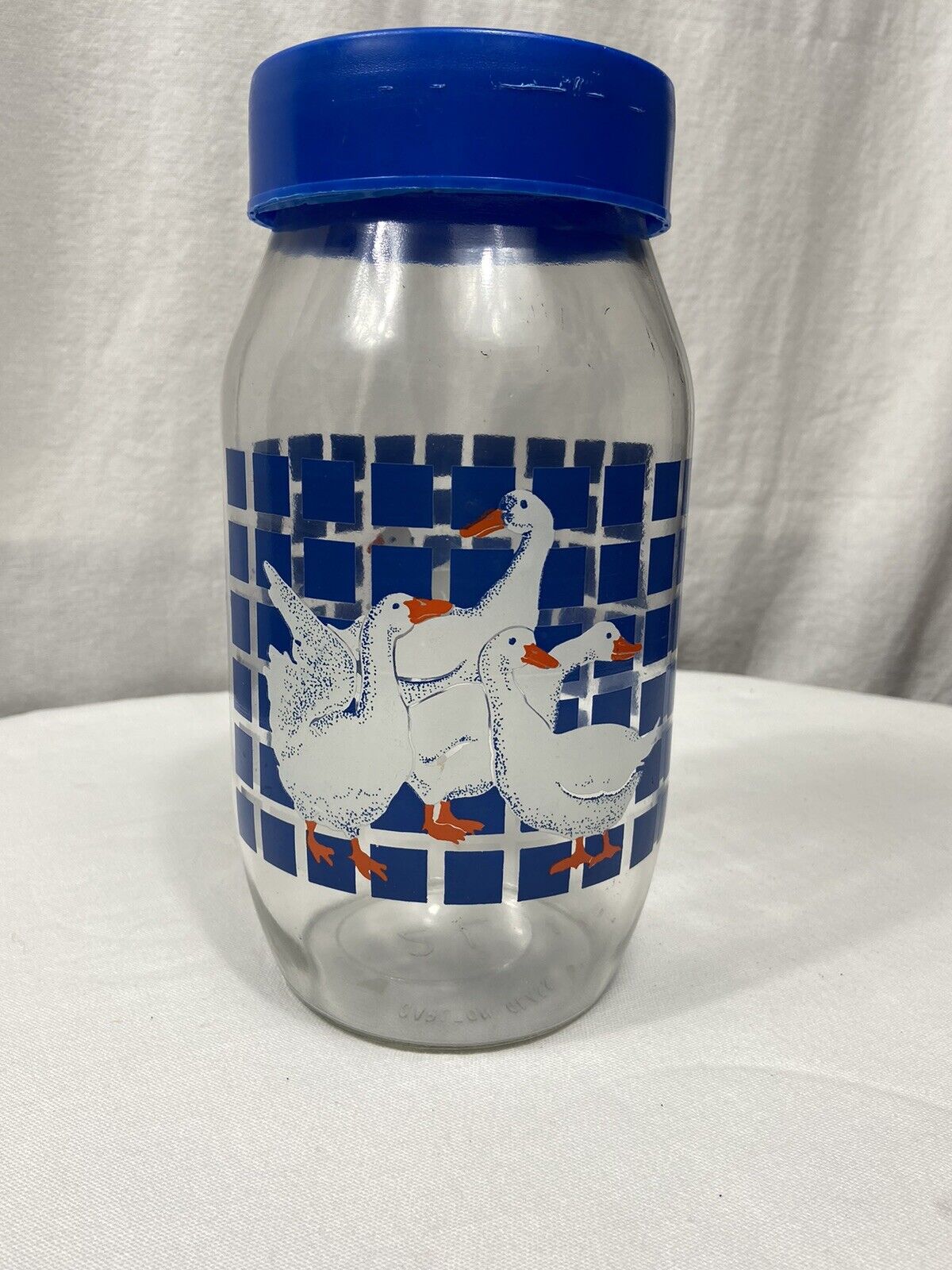Vintage Blue Ribbon Geese 2 Liter Glass Canister Jar With Lid Storage Ducks 90s