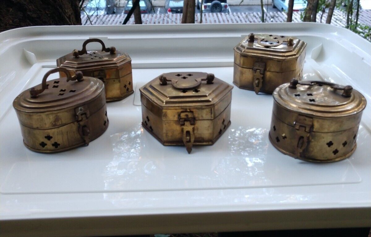 Lot Of 5  Vintage Brass Cricket Keepers/Trinket Boxes. Hinged & Lockable