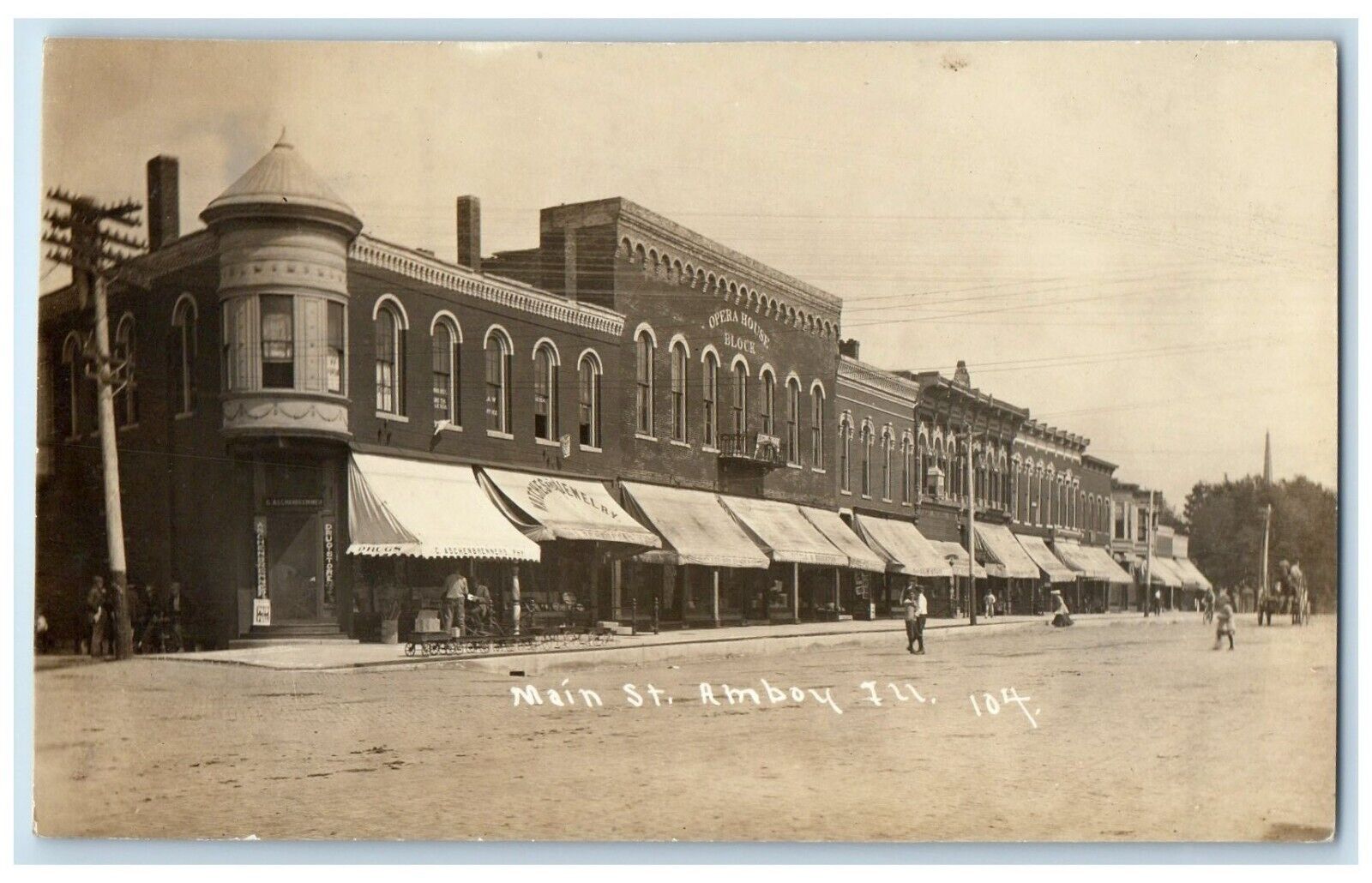 1911 Main Street Opera House Stores Scene Amboy Illinois IL RPPC Photo Postcard