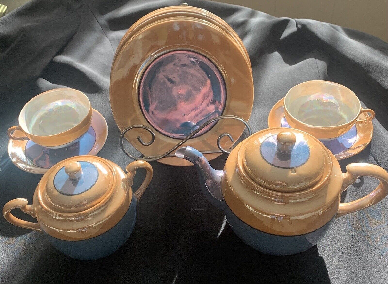 Vintage Lusterware Tea Set For Two, Opalescent Orange & Bluish