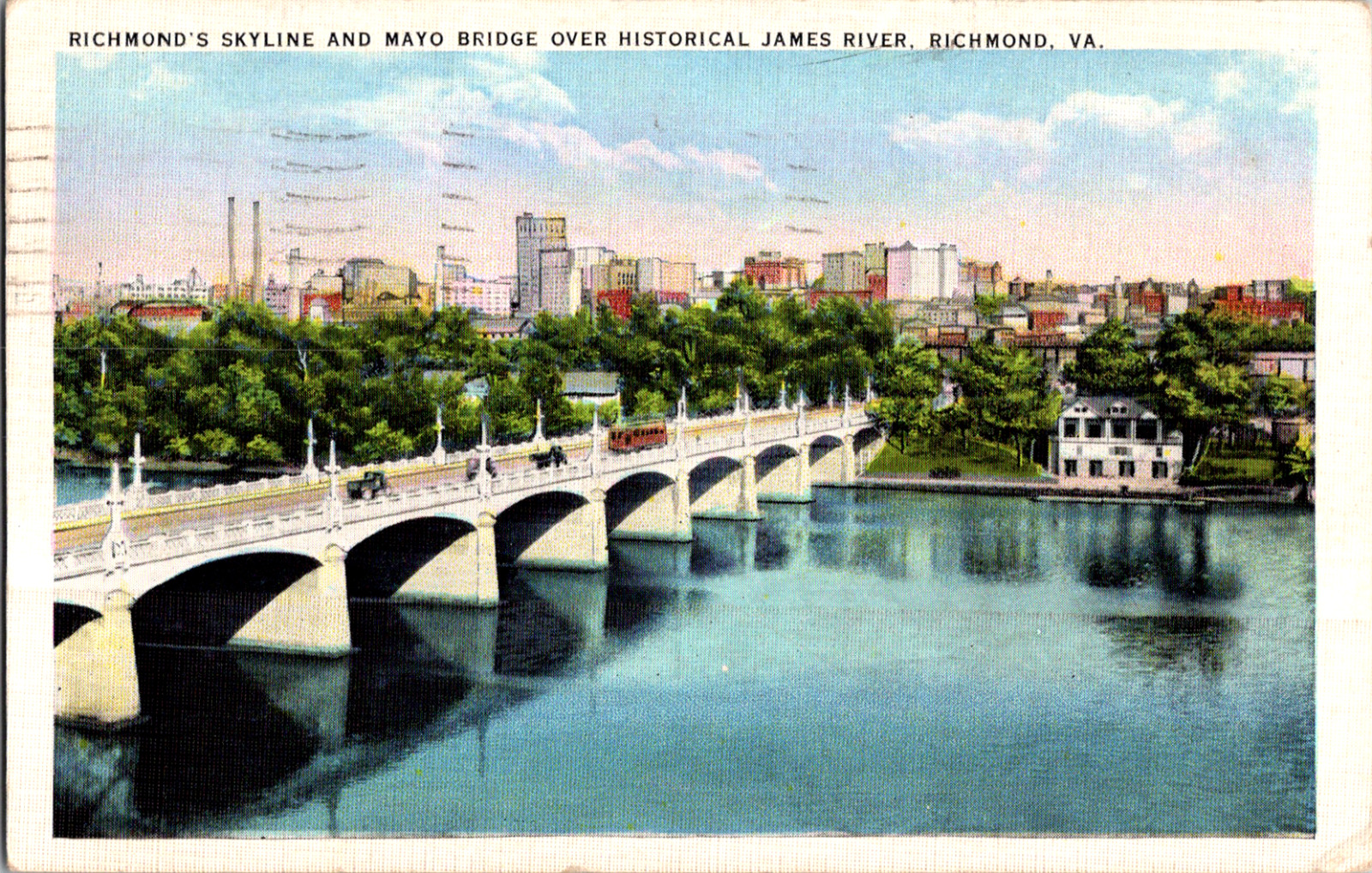 Vintage C. 1936 Richmond\'s Downtown Skyline View Mayo Bridge James VA Postcard 
