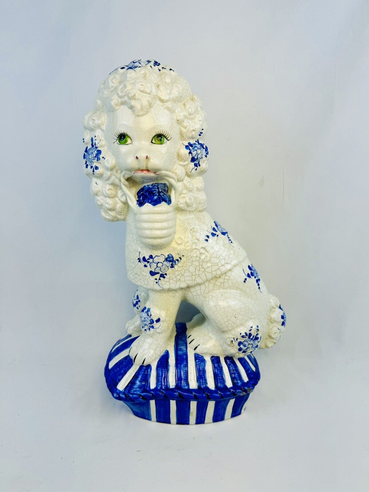 Vintage Italian Mid-century White Crackle and Blue Poodle Dog Figure
