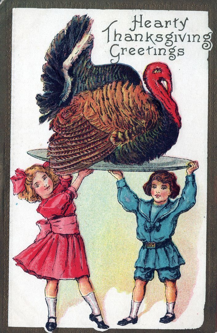 THANKSGIVING - Two Children Hoisting Big Turkey Hearty Thanksgiving Greetings