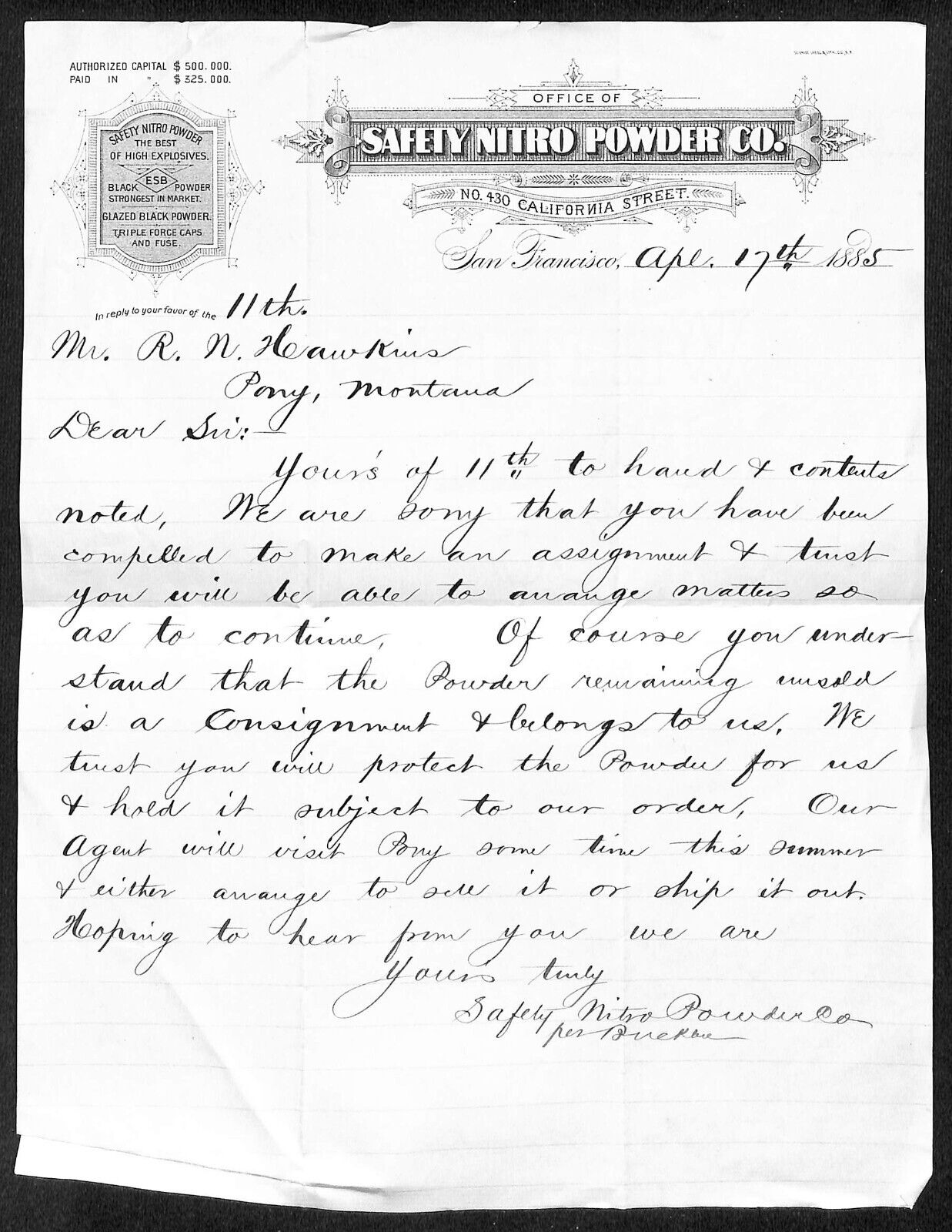 Safety Nitro Powder Co. San Francisco 4/17 1885 ALS Letterhead S.R. Buford*