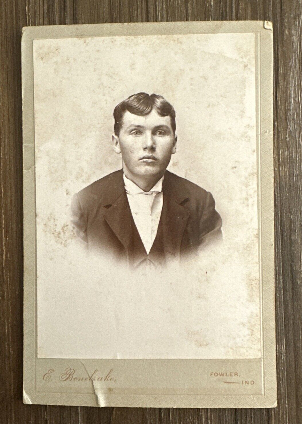 Antique Cabinet Card Photo Young Man E Bonebrake Fowler Indiana Aging Spots READ