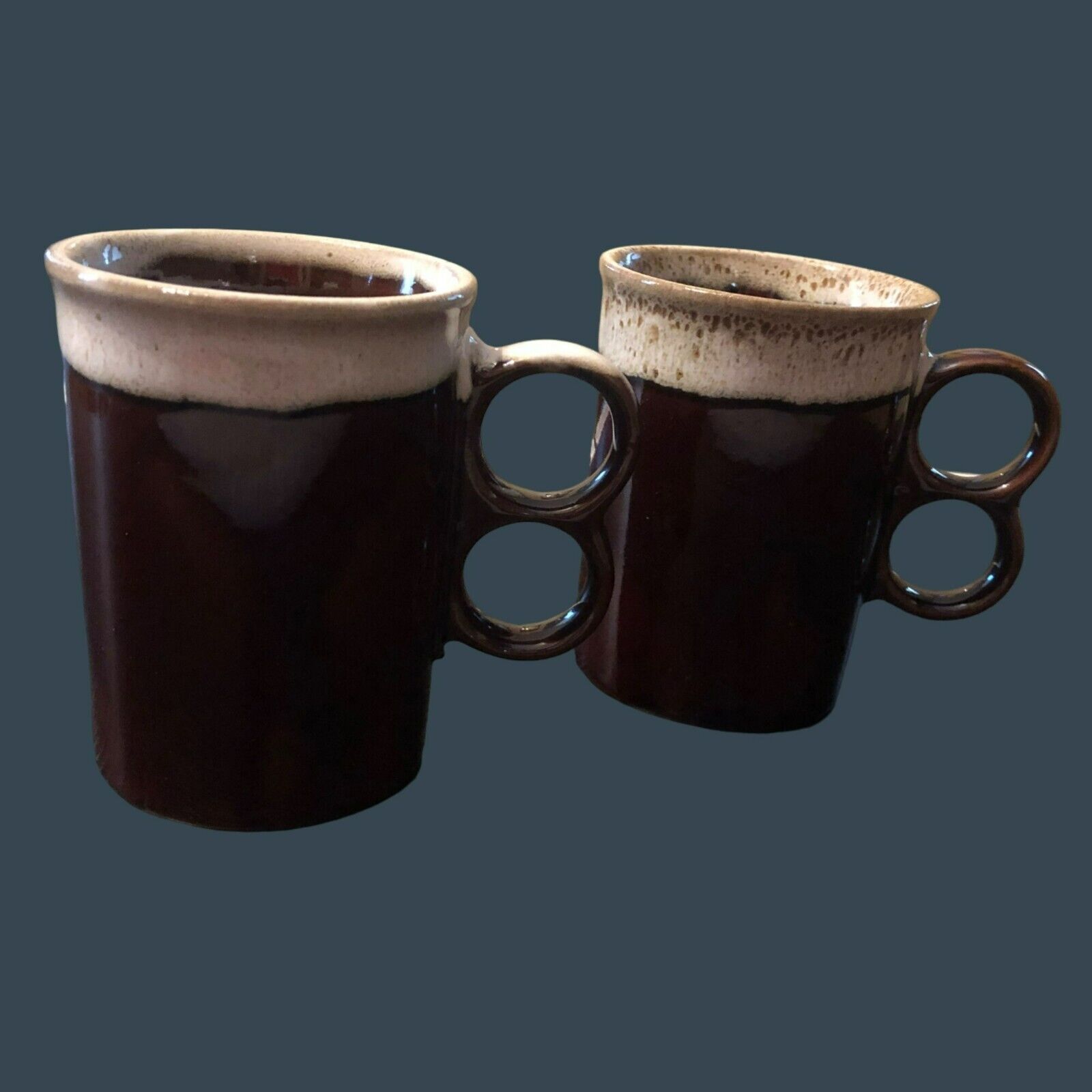 VTG Pair MCM Brown Drip Glaze Double Trigger Two Finger Handle Mugs Cups Japan