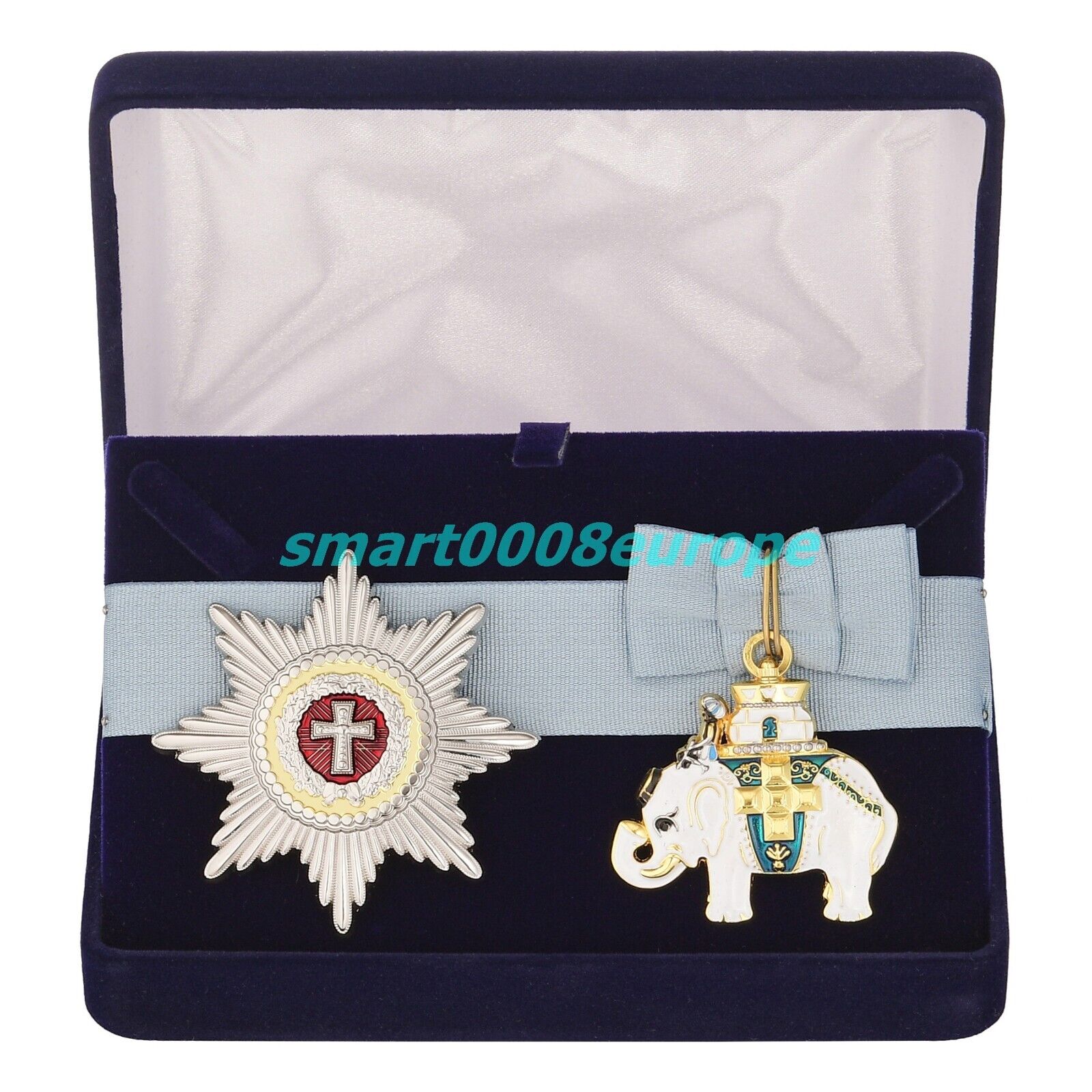 Badge and star of the Order of the Elephant in a gift box. Denmark. Repro