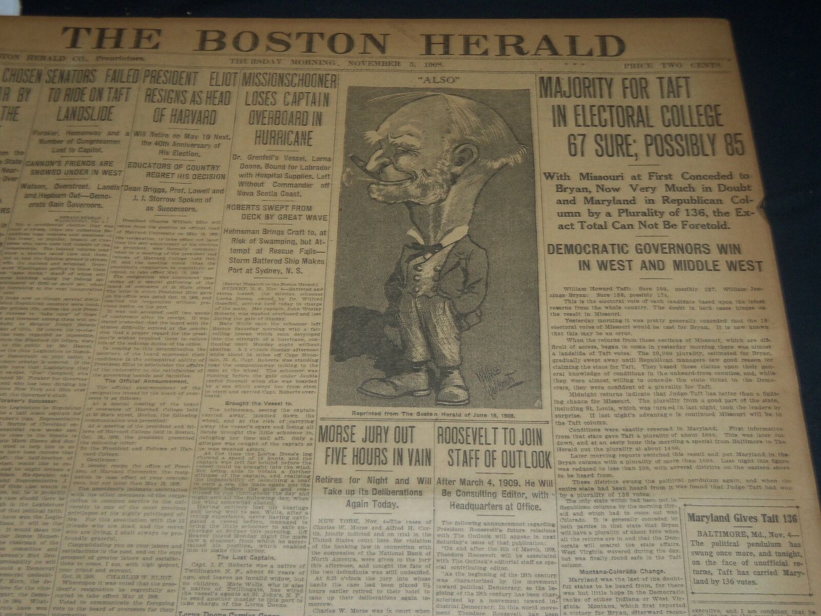 1908 NOVEMBER 5 THE BOSTON HERALD - MAJORITY FOR TAFT - ELIOT RESIGNS - BH 242