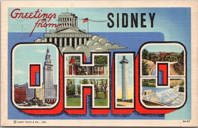 Vintage SIDNEY, OHIO Large Letter Postcard State Capitol / Curteich Linen 1952