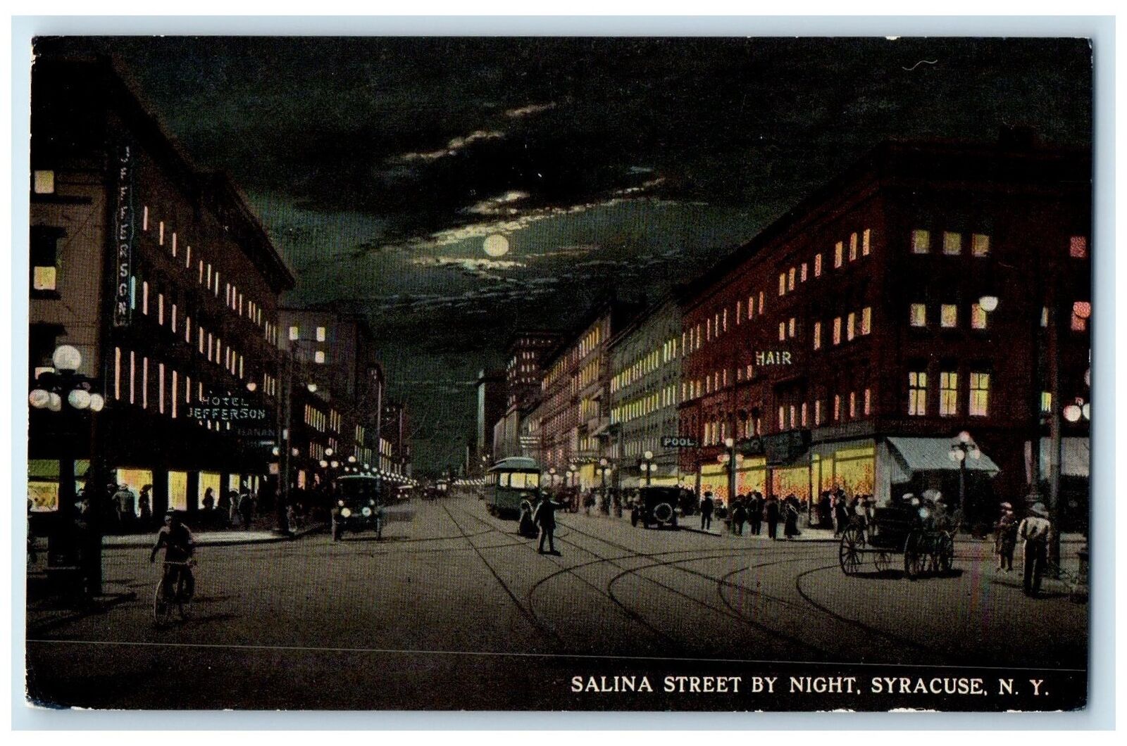 c1910's Salina Street By Night Moon Scene Syracuse New York NY Unposted Postcard